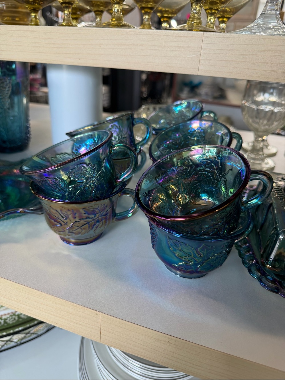Carnival glass Iridescent Home Art Glass Teacup Set - Teal Blue set of 10